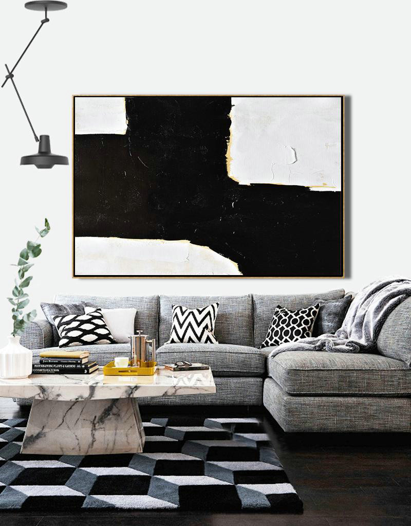 Custom Canvas Wall Art,Horizontal Palette Knife Minimal Canvas Art Painting Black White Beige - Modern Art Abstract Painting